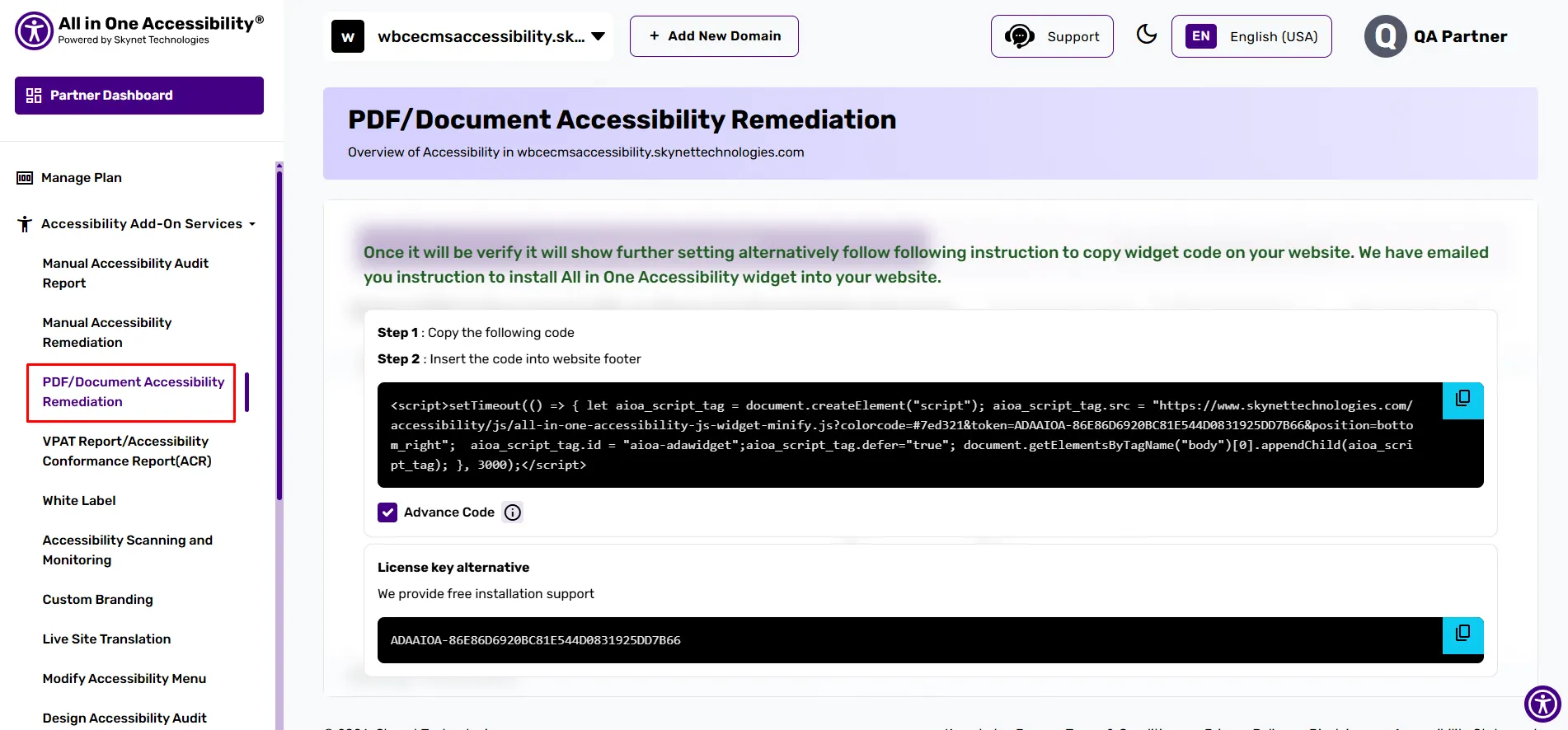 PDF accessibility remediation dashboard showing guide for adding a code snippet to a website footer