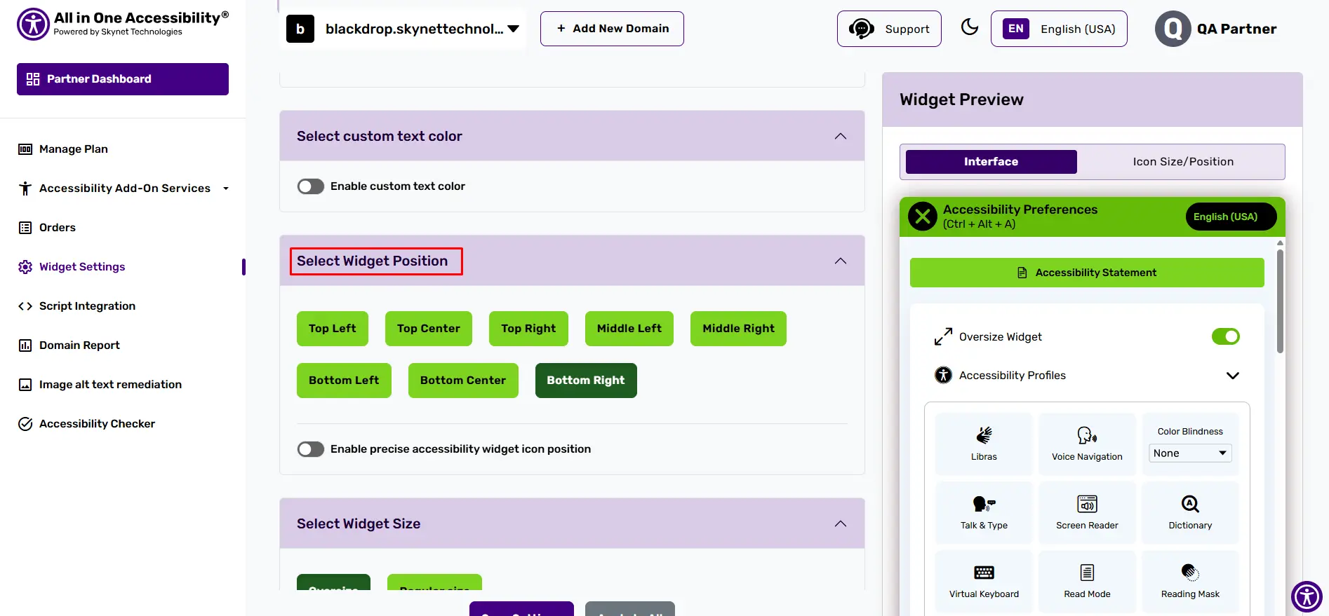 All in One Accessibility dashboard with widget position