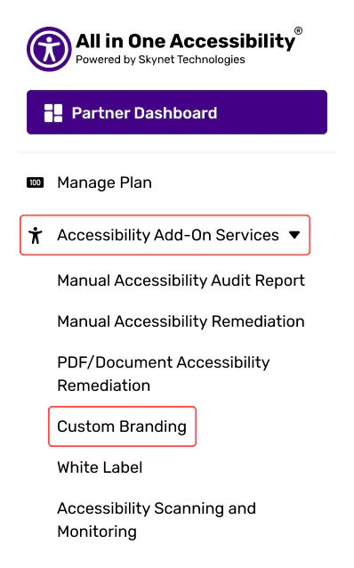 All in One Accessibility dashboard with add-on services, custom branding, and settings menu