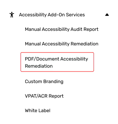 PDF accessibility remediation dashboard showing guide for adding a code snippet to a website footer