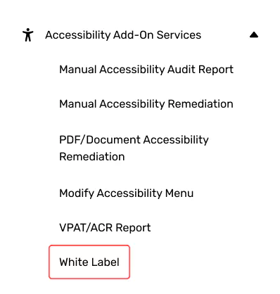 Accessibility Add-On Services menu with reports, remediation, and white label options
