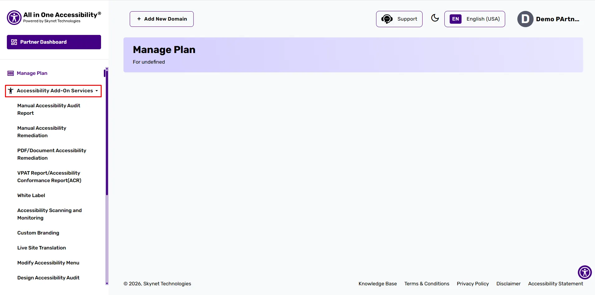Accessibility dashboard with sidebar for managing plans and add-on services
