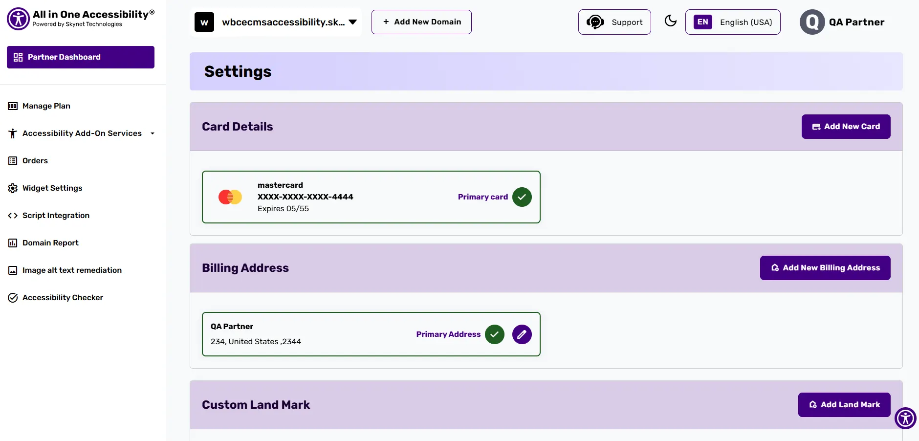 Dashboard settings showing card details, billing address, and custom landmark options with add and edit controls