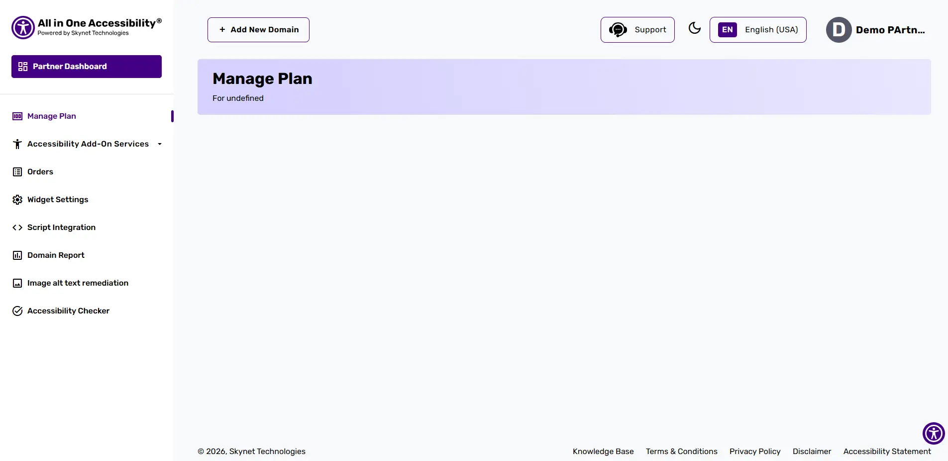 Dashboard interface with navigation menu for plans and domain reports
