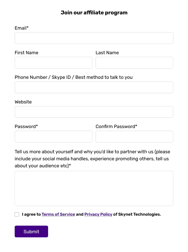 Affiliate program registration form with contact information and submit button.