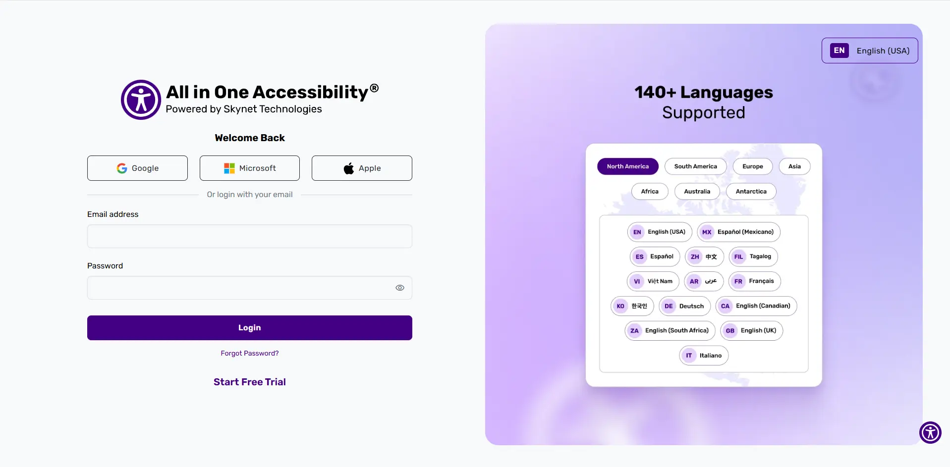 Login page with email and password fields on the left and accessibility profile illustrations on the right.