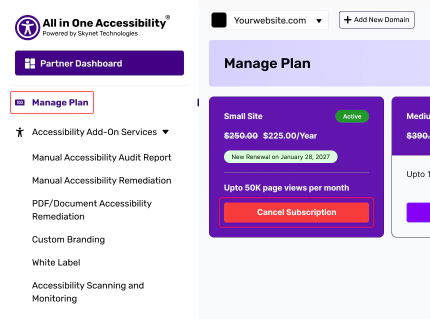 Cancel subscription in Manage Plan dashboard