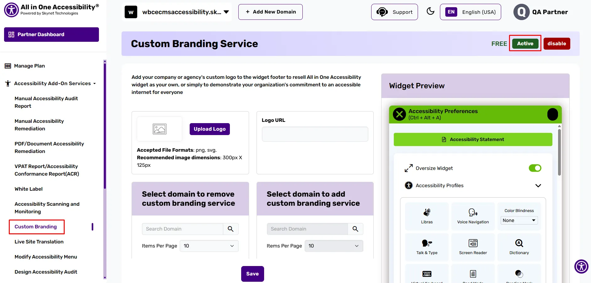 Accessibility dashboard with custom branding settings and widget preview