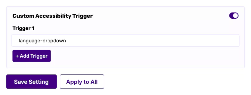 Accessibility widget dashboard with trigger id.