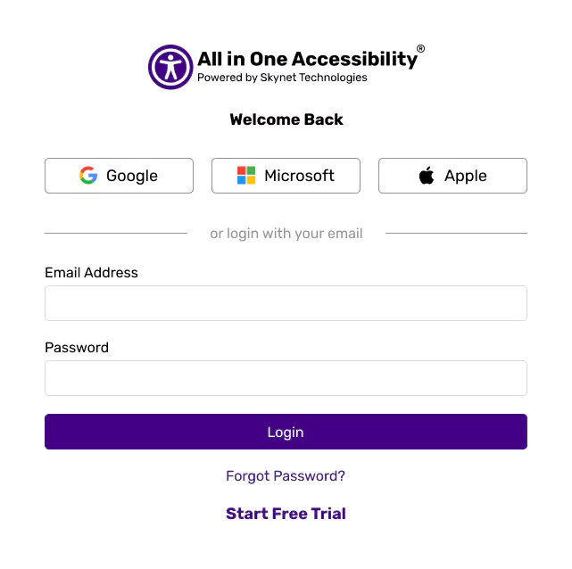 Login page with email and password fields on the left and accessibility profile illustrations on the right.