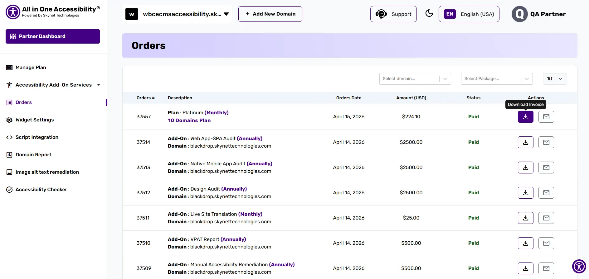 Orders dashboard showing a table with order numbers, and download invoice button
