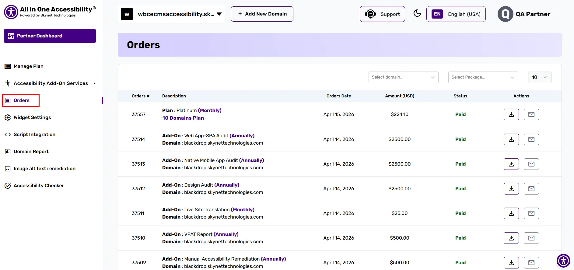 Orders dashboard listing web accessibility service orders with dates, amounts, and payment status