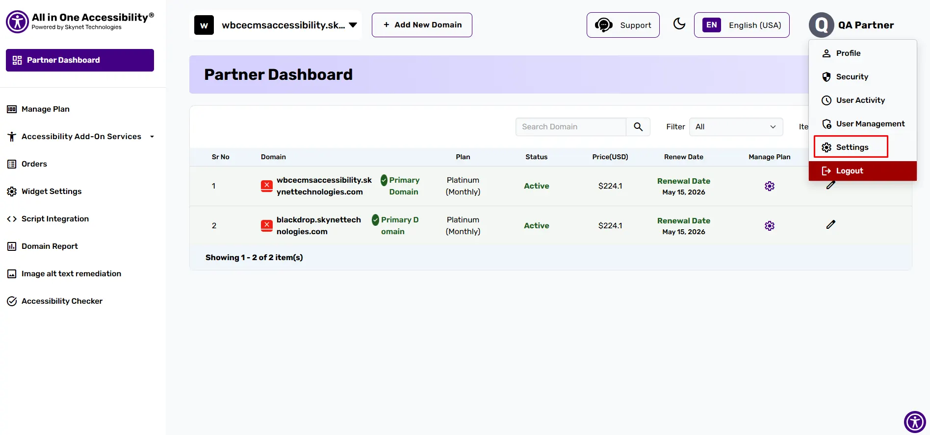Partner dashboard showing domain entries with status, plan, and renewal dates, with settings selected in the menu