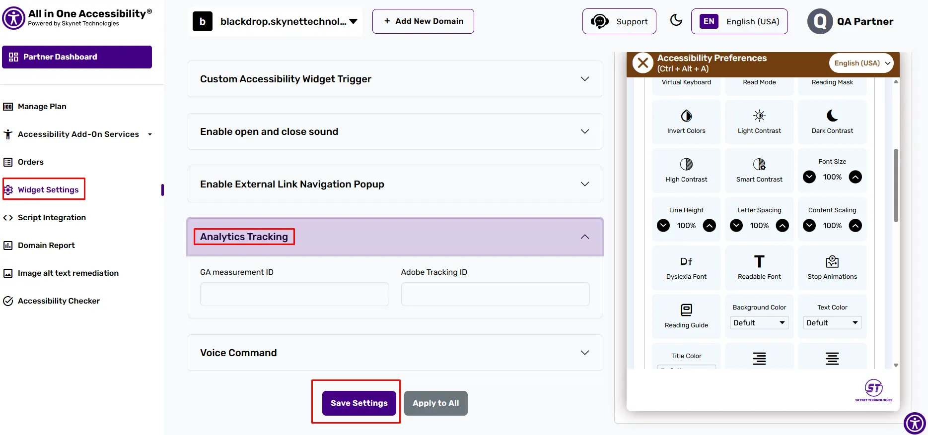Accessibility dashboard with google analytics 4 tracking.