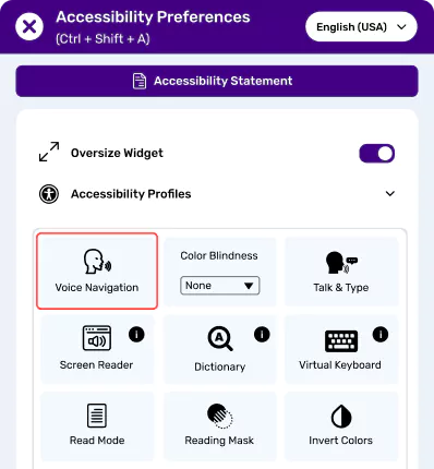 Accessibility menu with voice navigation, screen reader, and color settings