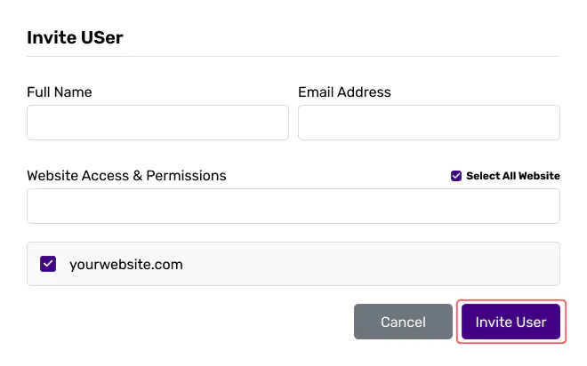 A purple + Invite User button is next to a white Search User input box on a web interface.