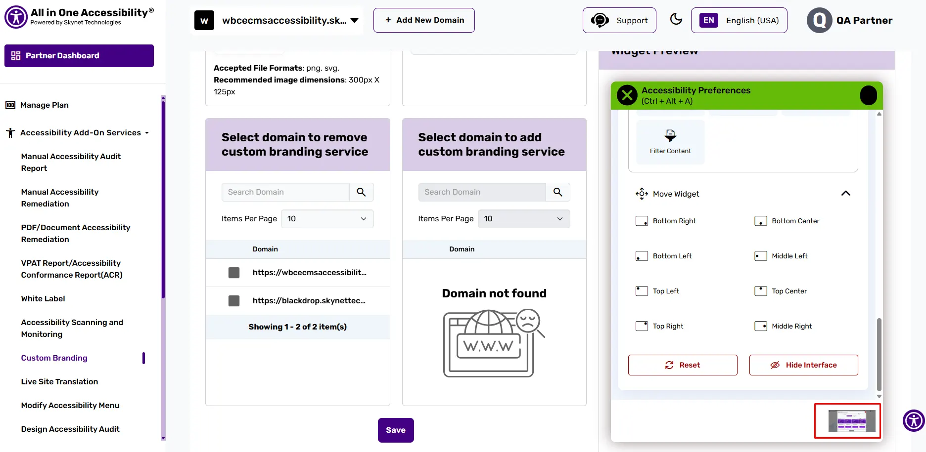 Custom branding dashboard with logo upload, save, and logo appear in widget footer