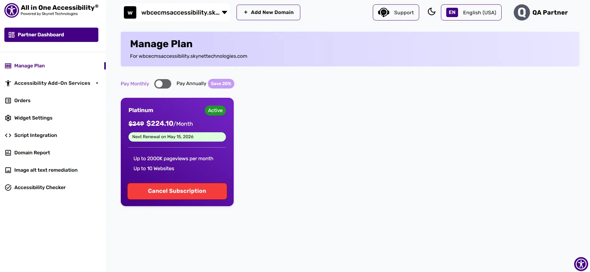 Subscription management dashboard showing active plan with monthly pricing and annual payment option