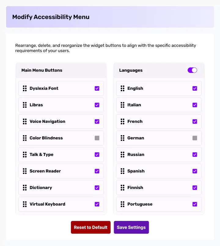 Accessibility menu interface with options for features and languages, including checked and unchecked boxes.