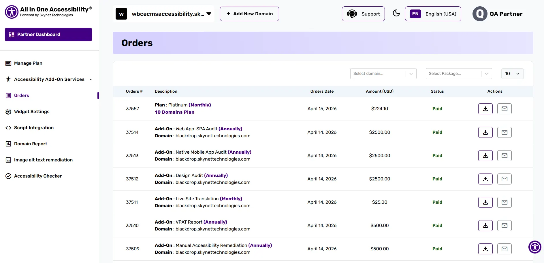 Orders dashboard showing list of orders with download and email option