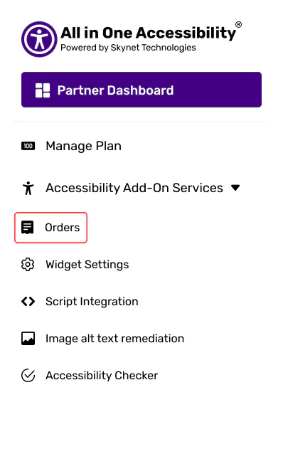 Orders section selected from the dashboard left menu