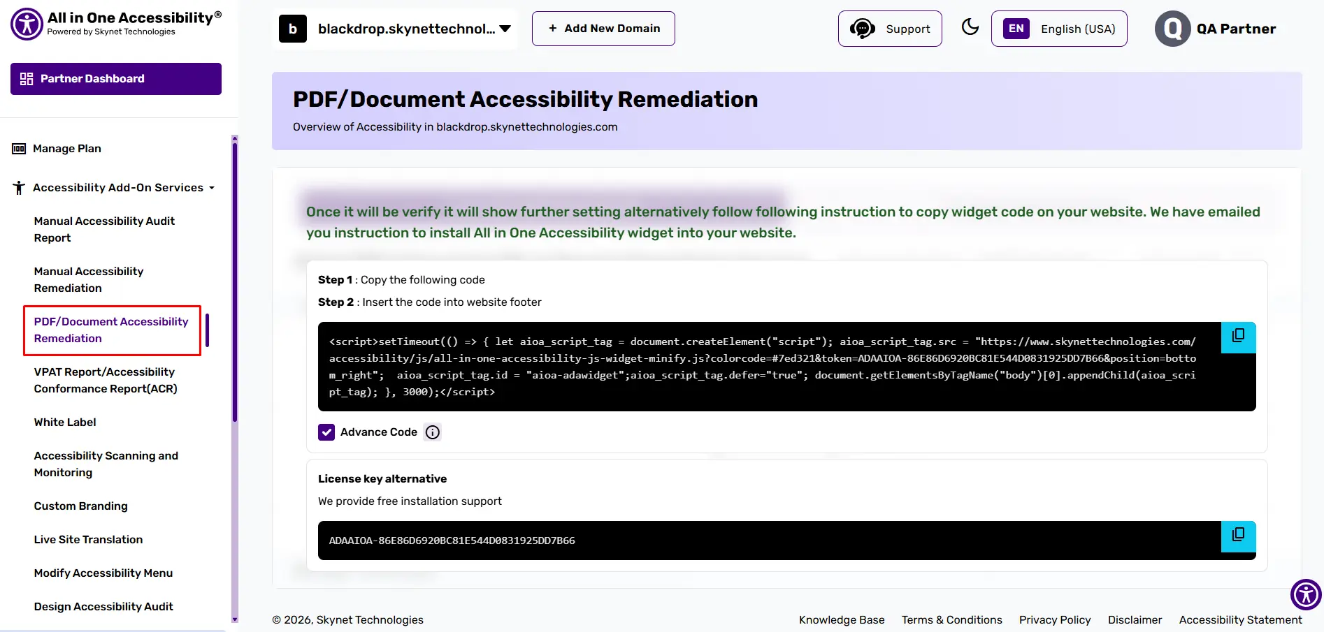 All in One Accessibility dashboard showing PDF remediation section and menu