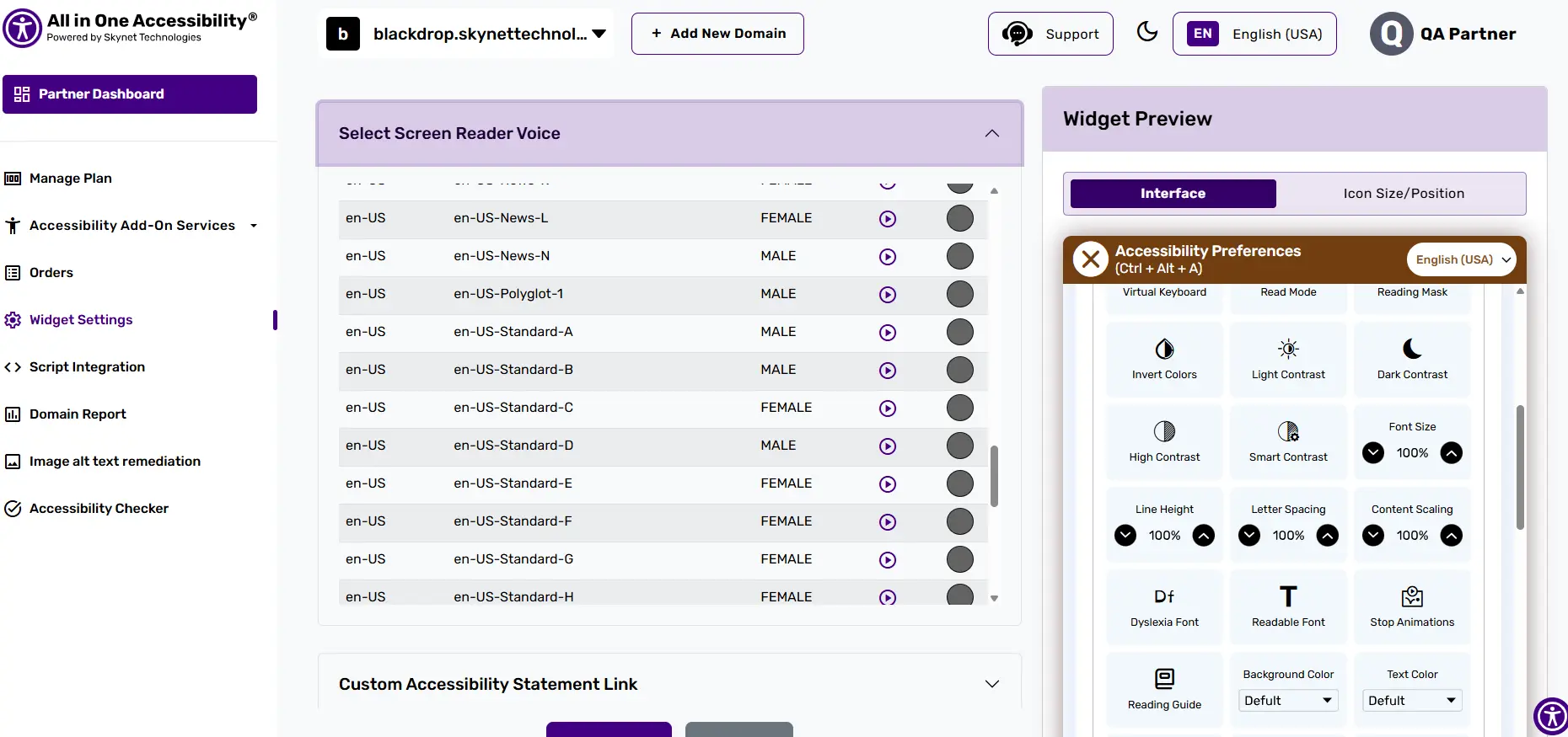 Accessibility dashboard with screen reader voice options.