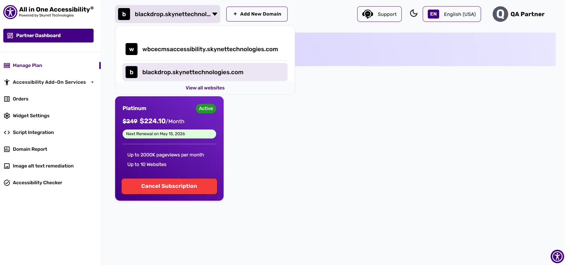 Accessibility dashboard showing domain list and select domain you want to cancel