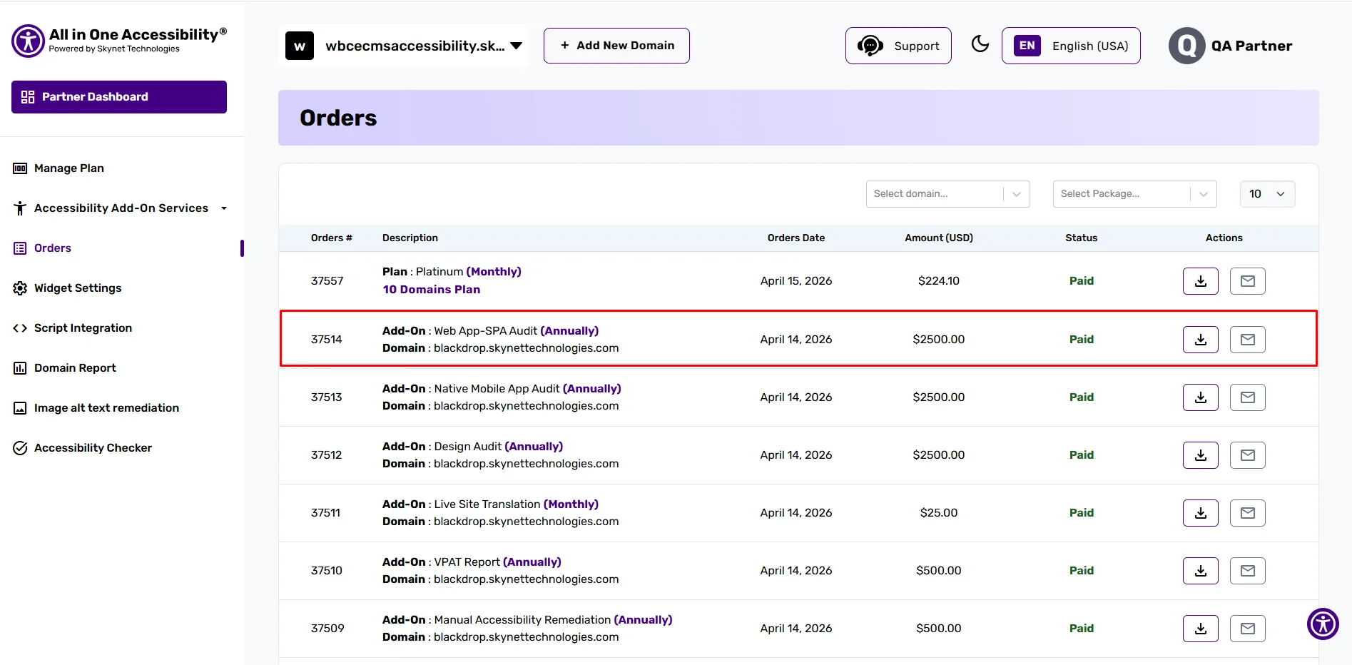 Orders dashboard for accessibility services showing descriptions, amounts, and select order