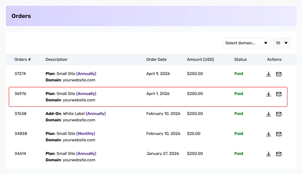 Orders dashboard showing a table with order numbers, and download invoice button