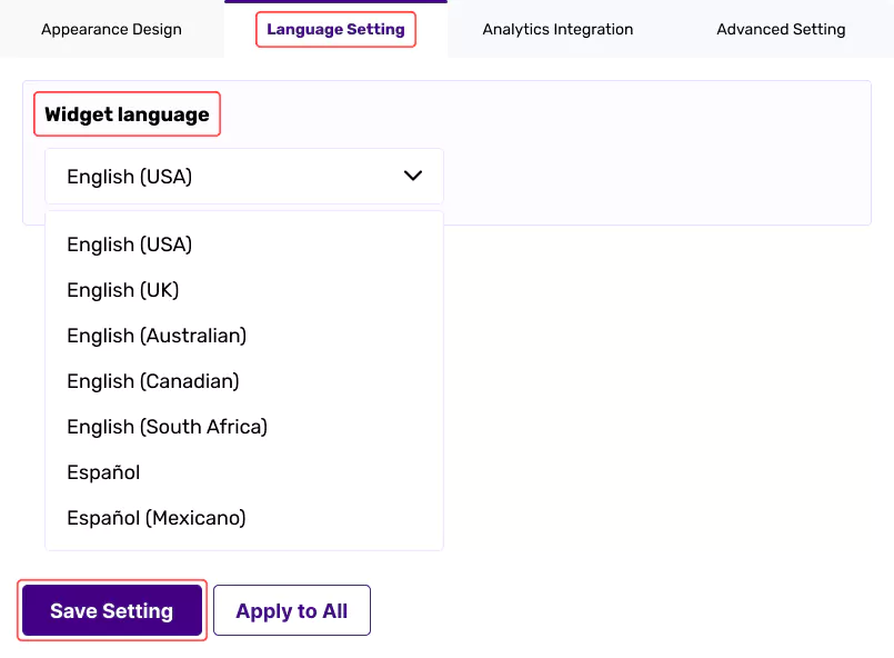 All in One Accessibility dashboard with language settings.