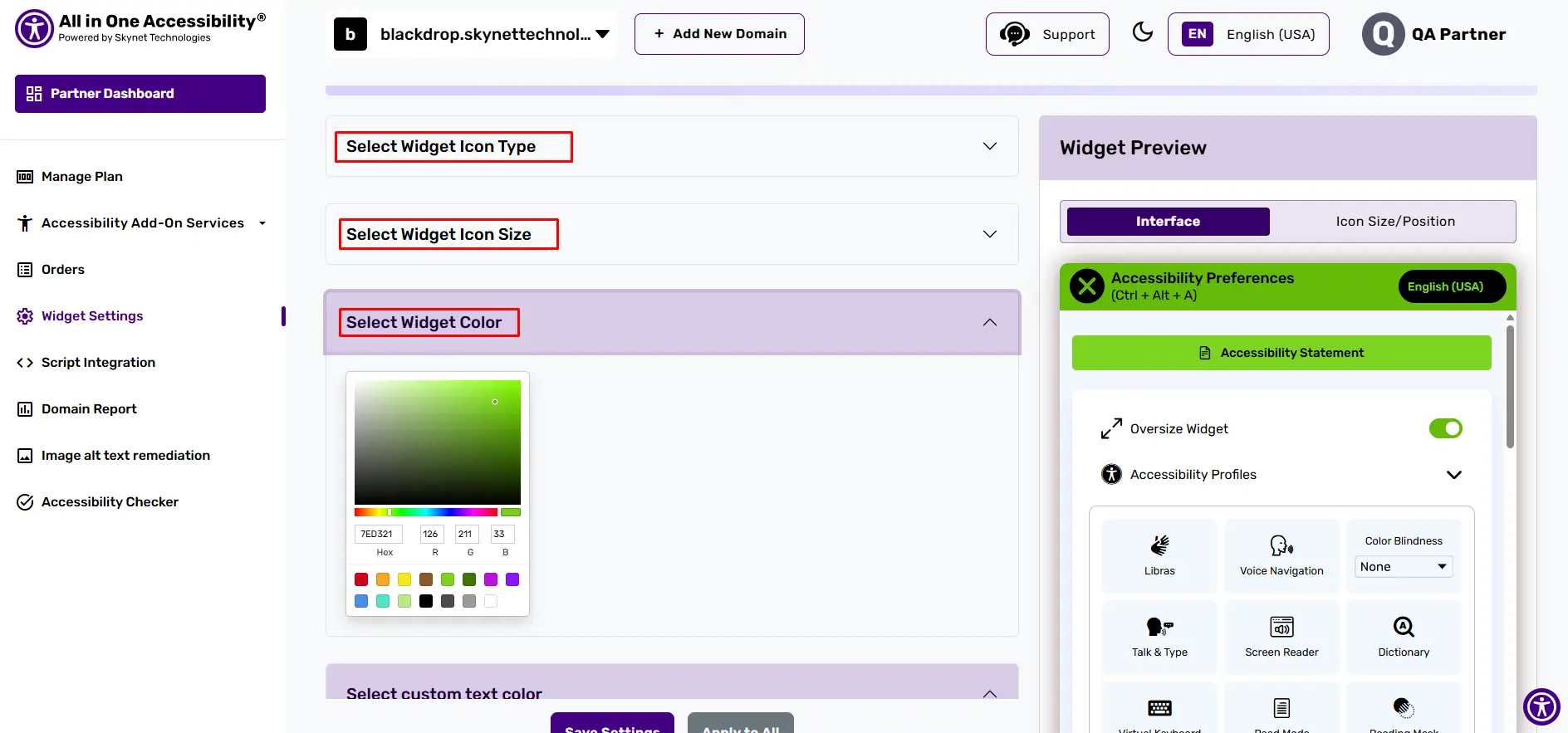 All in One Accessibility dashboard with widget customization and preview