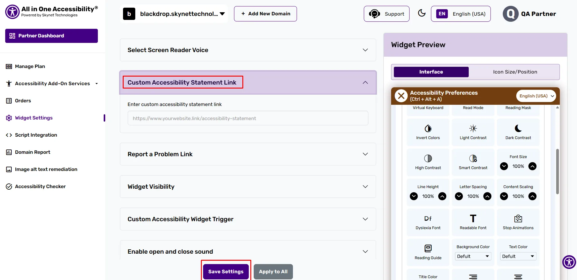 Accessibility dashboard with statement link.