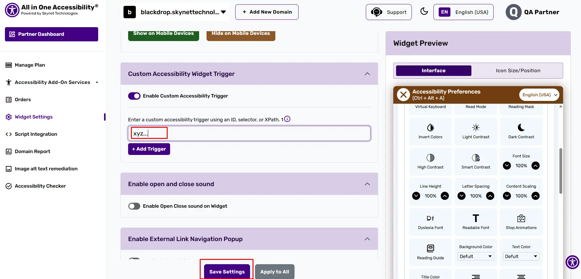 Accessibility widget dashboard with trigger id.
