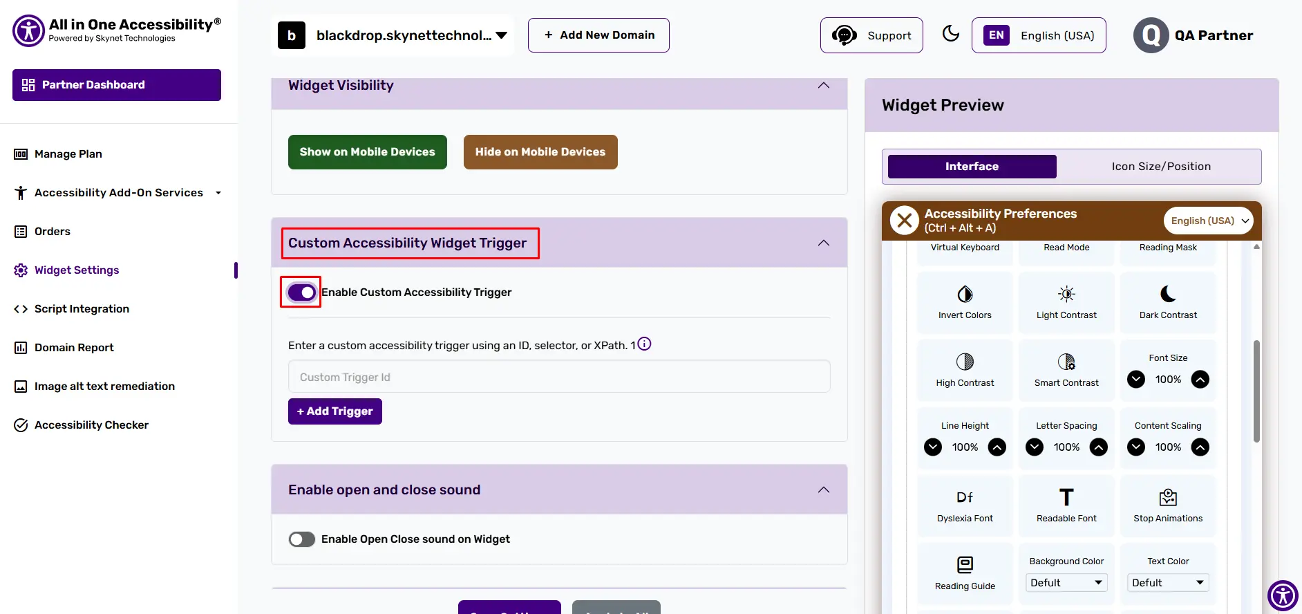 Accessibility widget dashboard with visibility, trigger settings.
