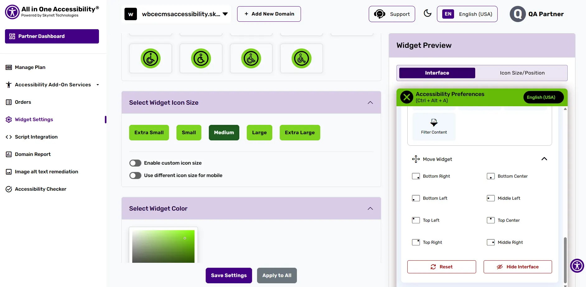 Accessibility widget settings with icon size, color options, and widget preview