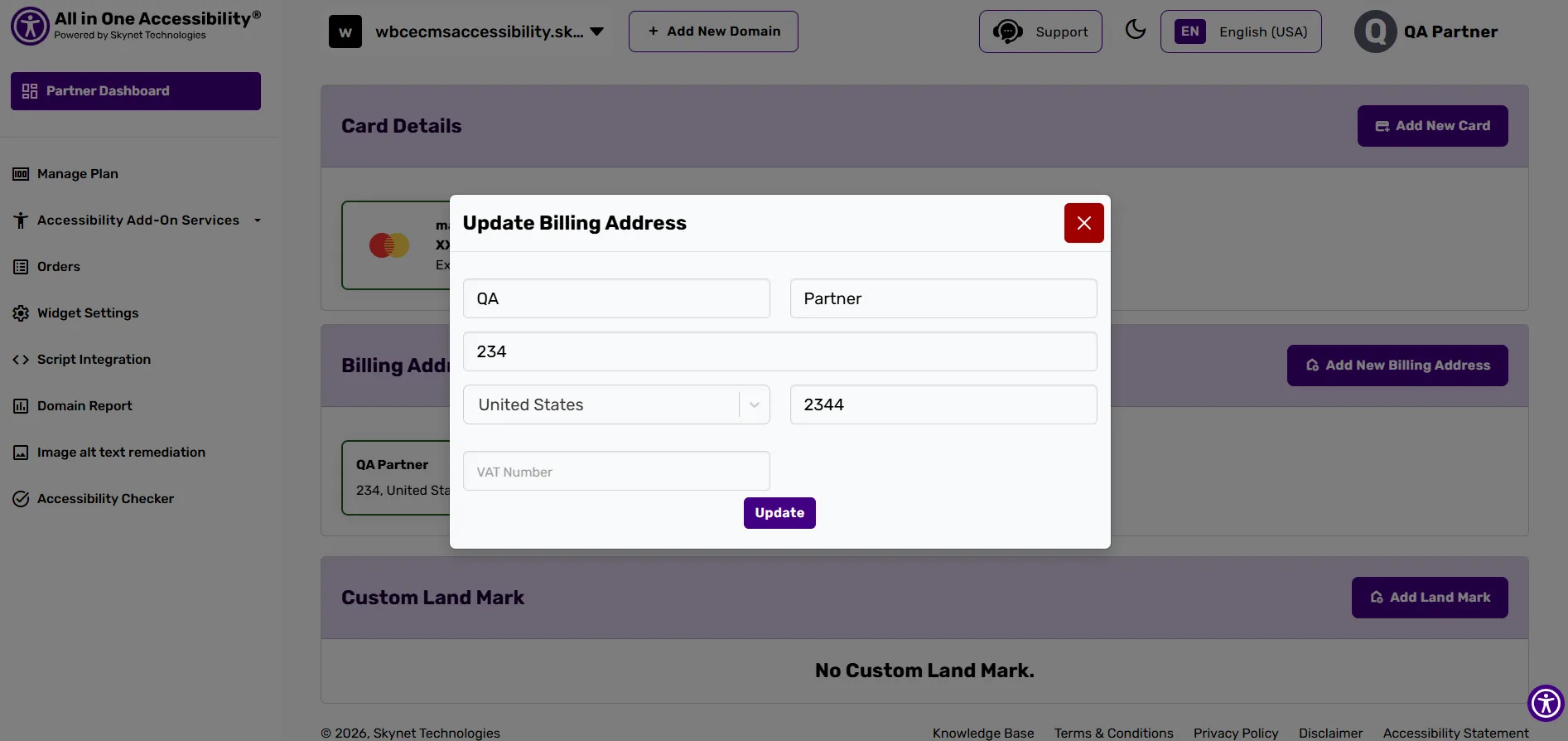 Update Billing Address pop-up with fields for name, address, country, and VAT number, and an Update button