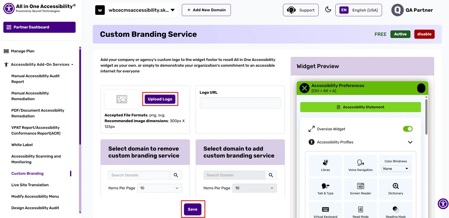Custom branding dashboard with logo upload, save, and widget preview