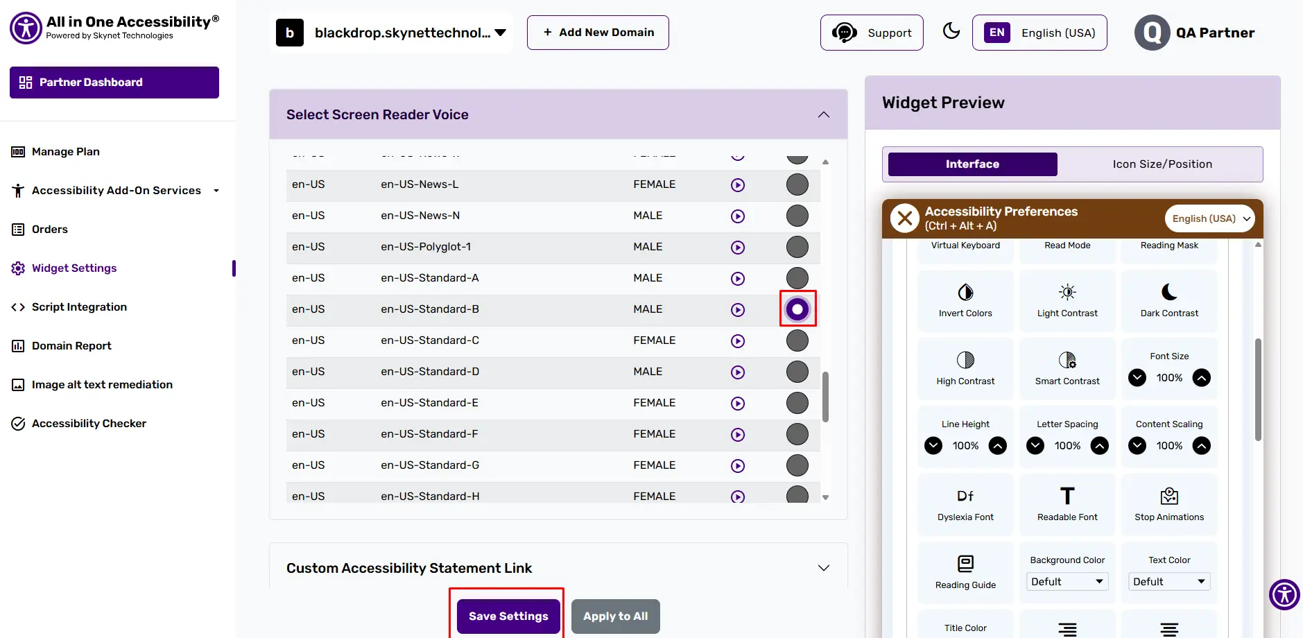 Accessibility dashboard with screen reader voice option select and save.