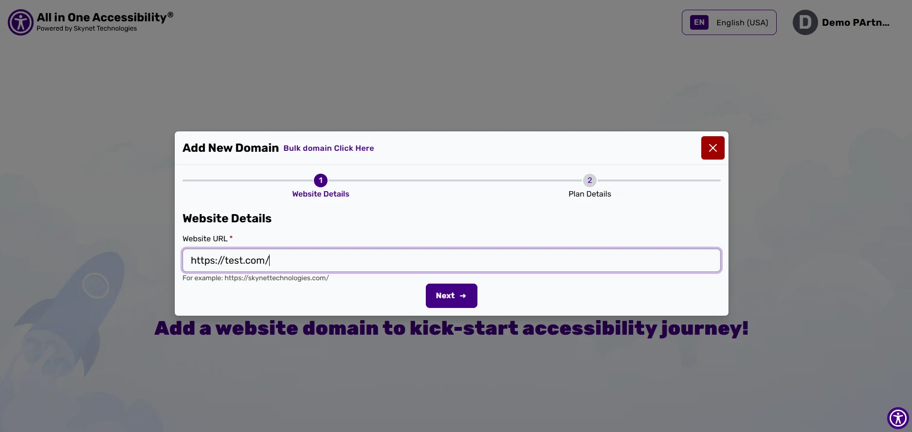 Add New Domain form with URL field and Next button