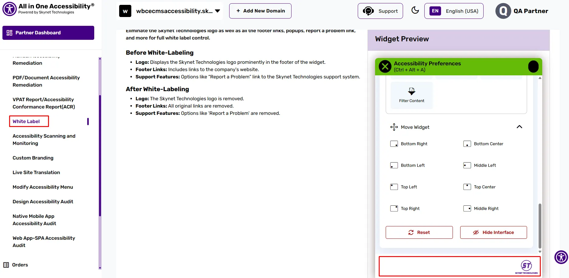 Accessibility widget customization dashboard with white labeling activated and widget preview