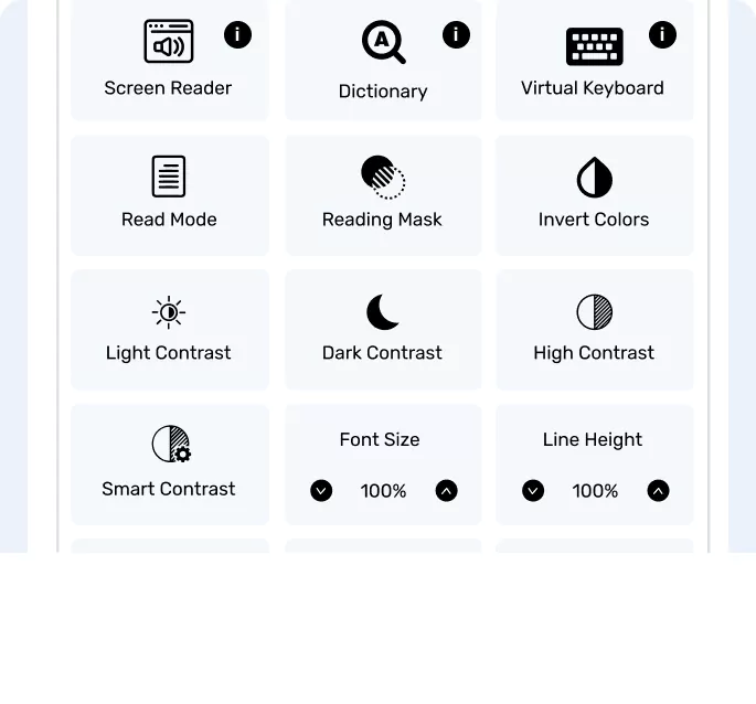 Accessibility tools panel with screen reader, contrast, and reading options.
