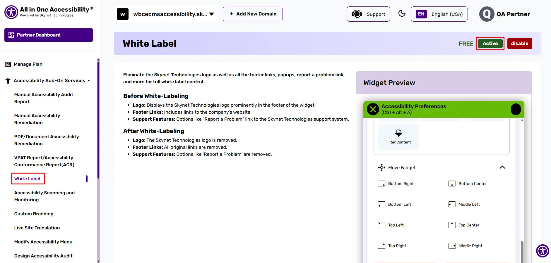 Accessibility dashboard with white labeling settings and widget preview