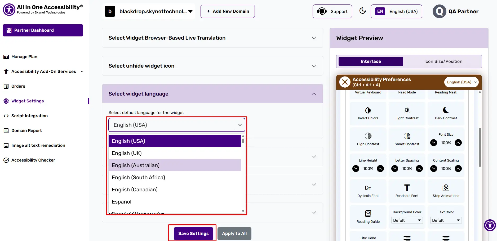 All in One Accessibility dashboard with language selection.