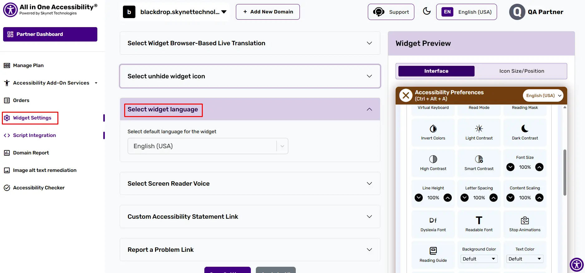 All in One Accessibility dashboard with language settings.