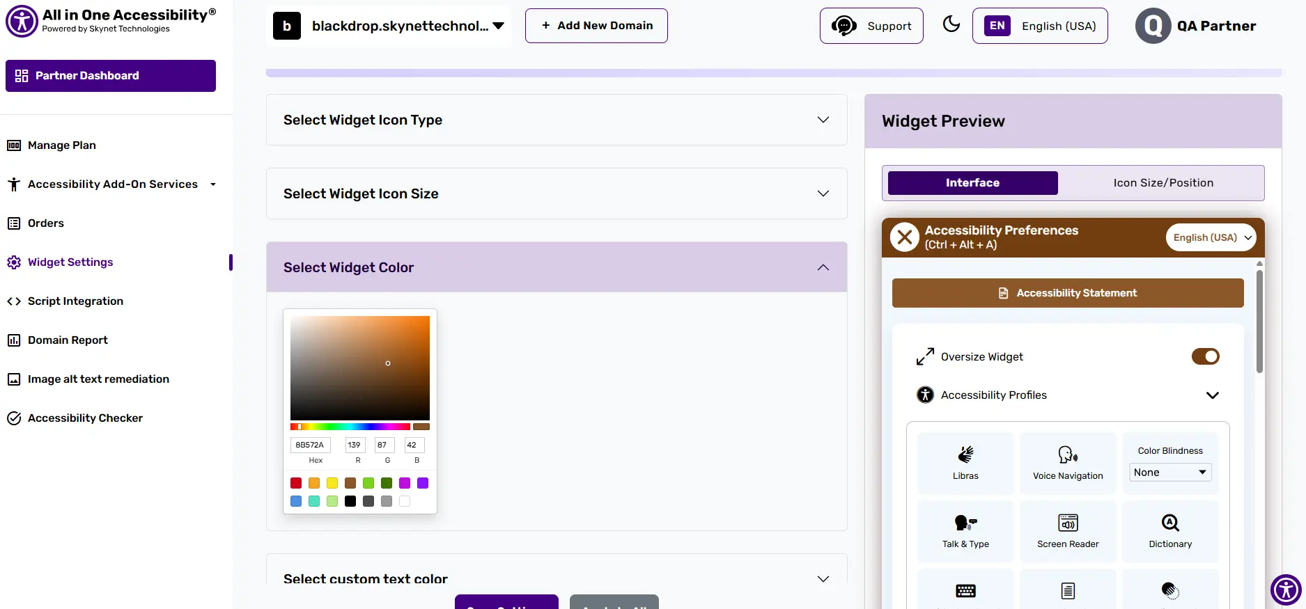 Accessibility dashboard with widget color settings.